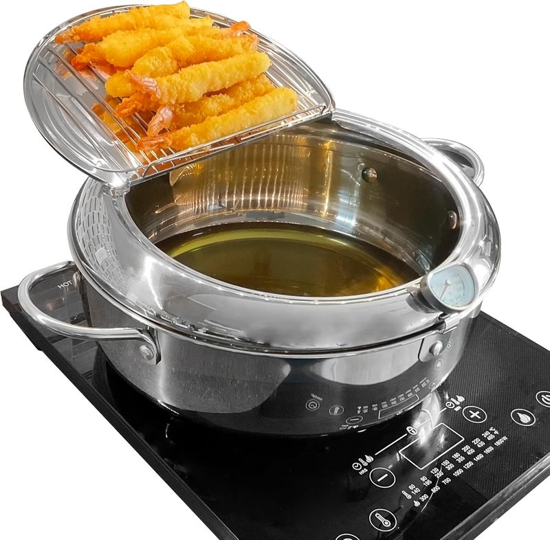 Saltlas Deep Fryer Pot (°F), 11"/4.4Qt (4.2 L) Extra Large Tempura Frying Pot with Lid, 304 Stainless Steel Fry Pot with Fahrenheit Thermometer and Oil Drip Drain Rack - Image 1